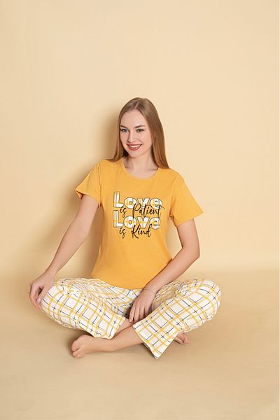 Sude HOMEWEAR Women's Yellow Color Short Sleeve Pajama Set