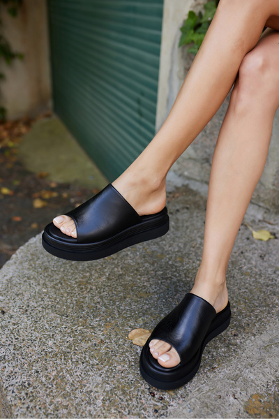 ANGELİNA JONES Maxim Women's Black Real Leather Slippers