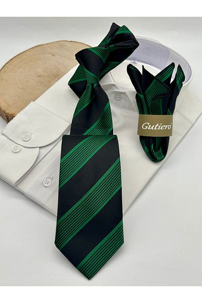 Gutiero Green Black Striped Classic Tie with Handkerchief