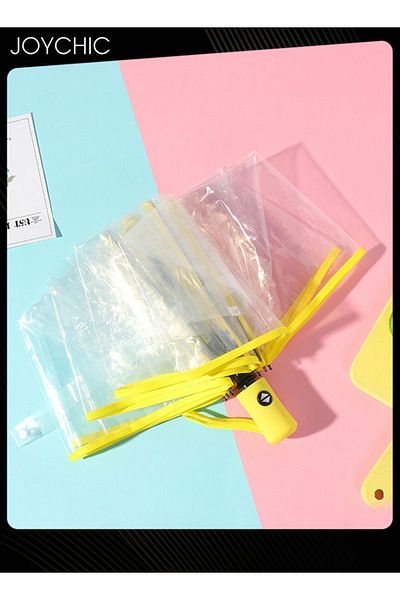 HALAMODO Full Automatic Three Folding Transparent Clear Travel Rain Umbrella for Women Girls Outdoor Yellow