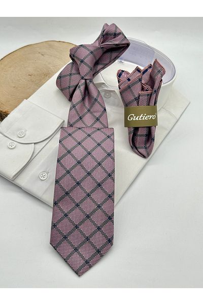 Gutiero Classic Tie with Pink Plaid Handkerchief