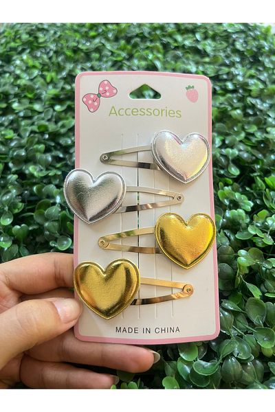 PONÇİK ACCESSORİES Shiny Silver and Gold Heart 4-Piece Snap Buckle Set