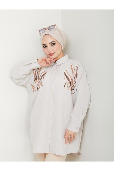 Yasmy Collection Kadın Bej Payet Desen Standart Beden Oversize Tesettür Gömle...