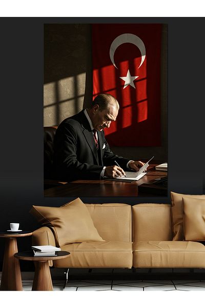 Tablomega Mustafa Kemal Atatürk and Flag Decorative Canvas - Mdf Wooden Painting