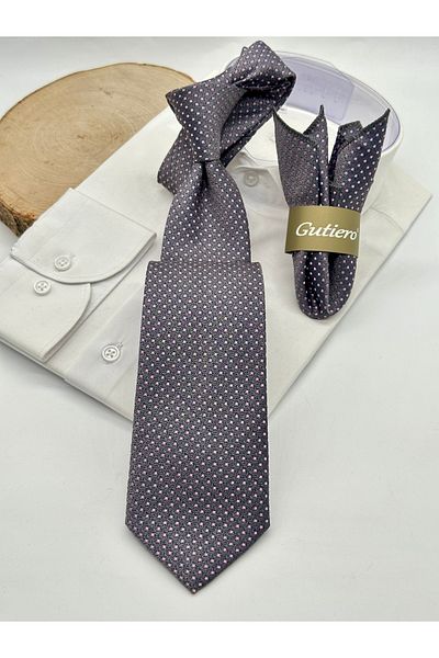 Gutiero Classic Tie with Gray Dotted Handkerchief