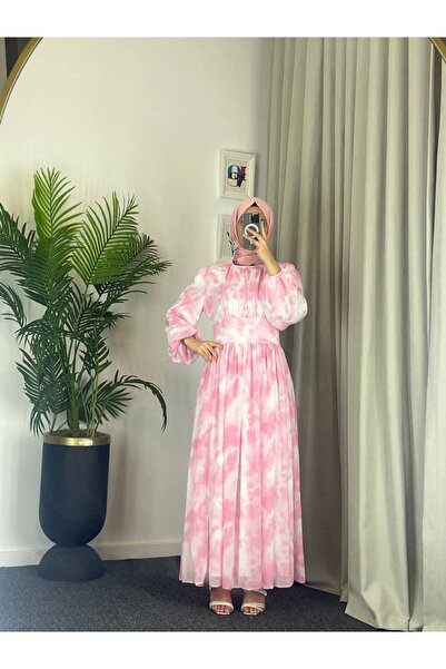 Esre Store 4527 - Kuşaklı Tesettür Şifon Elbise Pembe