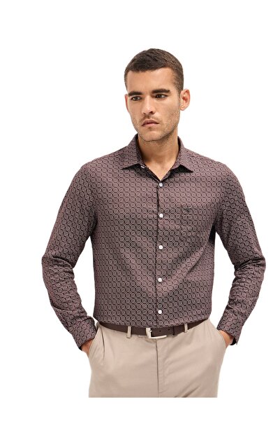 The Bear House قميص رجالي رسمي بني اللون بطباعة هندسية، مناسب لكل المناسبات