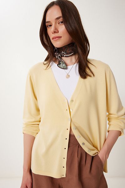 Lovelyİstanbul V-Neck Super Soft Stretchy Summer Knitwear Cardigan Yellow Lus0130