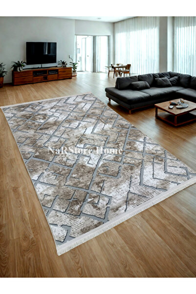 NaRStore Home Kahve Gri Saçaklı Kaymaz Taban Yıkanabilir Kesme Yolluk Salon M...