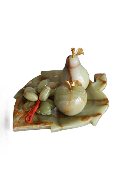 taru pasaj Doğal Oniks Taşından Yapılmış Dekoratif Meyve Seti – 8 inç Yaprak Tabak, Elma, Armut ve Üzüm Biblosu