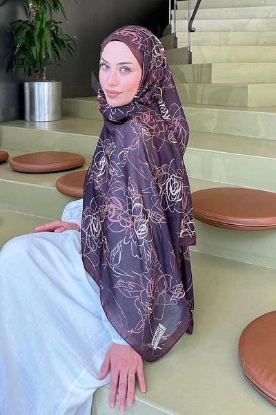 lamelif Flower Pattern Soft Shawl Bitter Brown