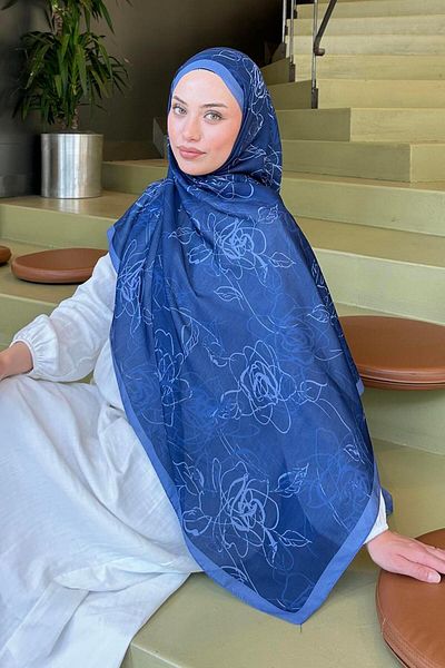 lamelif Μοτίβο λουλουδιών Μαλακό σάλι Navy Blue