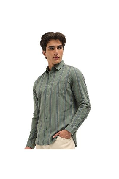 The Bear House قميص رجالي كاجوال بقصة ضيقة وخطوط عمودية باللون الأخضر، مناسب ...