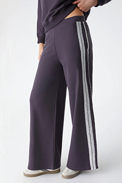 GRIMELANGE Pulse Women's 100% Cotton Lace Detailed Wide Leg Double Pocket Purple Sweatpants