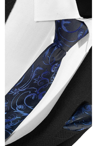 BLC Basic Line Co. Μοτίβο σάλι Navy Blue Μαύρη γραβάτα και μαντήλι τσέπης πλάτους 7cm