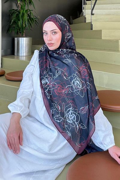 lamelif Flower Pattern Soft Shawl Black Burgundy