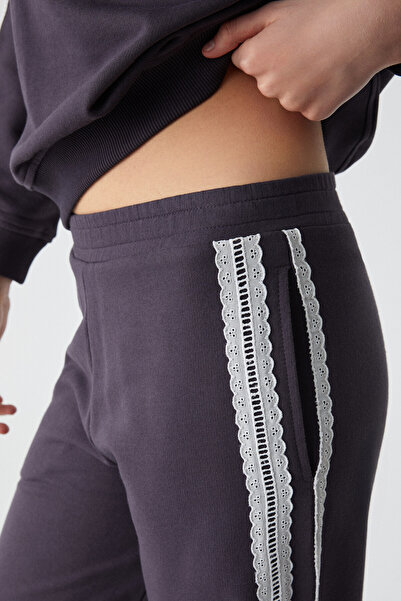 GRIMELANGE Pulse Women's 100% Cotton Lace Detailed Wide Leg Double Pocket Purple Sweatpants