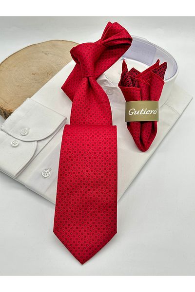 Gutiero Classic Tie with Red Patterned Handkerchief