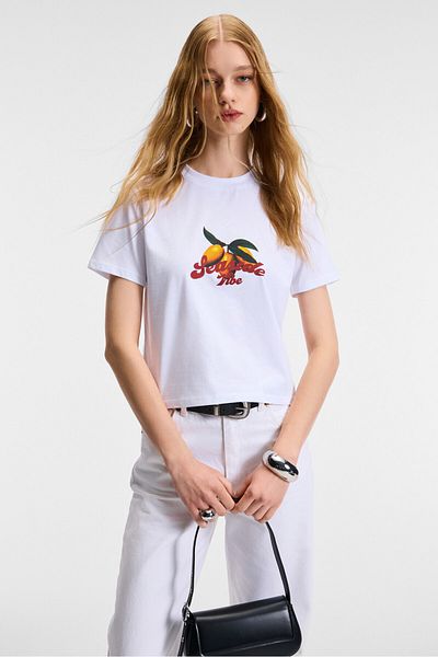 GRIMELANGE Elvera Women's 100% Cotton Comfort Fit Printed Short Sleeve Round Neck White T-Shirt