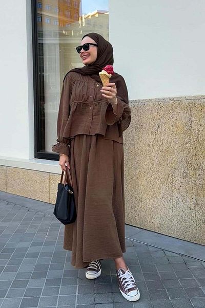 Ceylan Otantik Bitter Brown Muslin Blouse & Balloon Skirt Set
