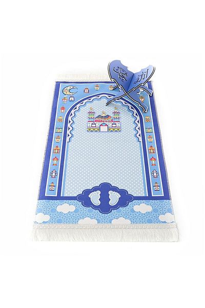 İkranur Children's Prayer Rug Sahra - Blue 45x82 Cm - 110 gr - With Rosary Gift