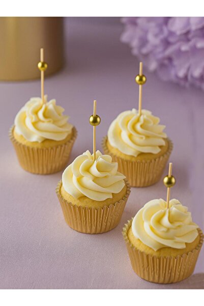 Parti Adresi İncili Kürdan Süslü Dekoratif Cupcake Kokteyl Kürdanı Altın 12'li