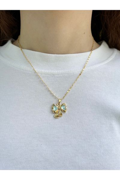Eylülün Takısı Women's Gold Color Blue Stone Bow Necklace