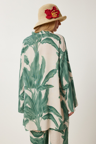 Lovelyİstanbul Mintás nyári viszkóz kimonó nadrág szett KHAKI KRÉM LJE0003