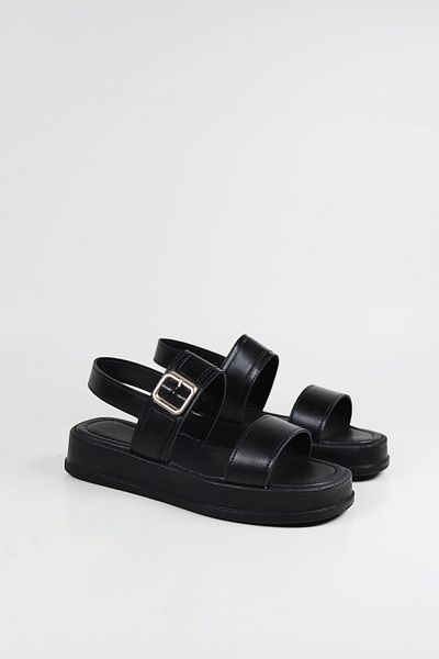 NiceDiffer Women's Black Double Strap Gold Buckle Detailed Daily Sandals