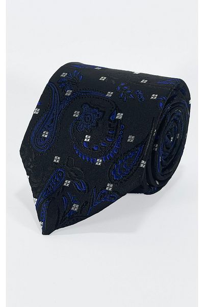 BLC Basic Line Co. Black Blue Paisley Patterned Tie and Pocket Square Set – 7 cm