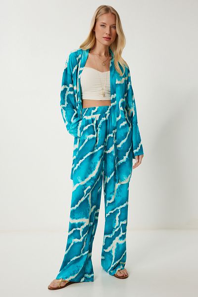 Lovelyİstanbul Patterned Summer Viscose Kimono Trouser Set Light Blue Lje0003