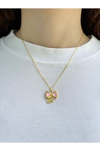 Eylülün Takısı Women's Gold Color Pink Stone Bow Necklace