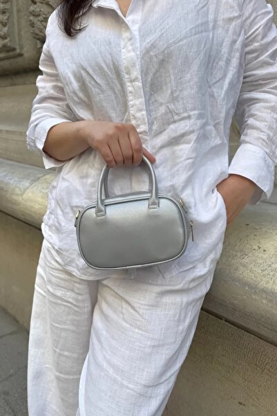 LEONAS Women's Shoulder Bag with Stitching Detail Canvas Strap Aden Silver