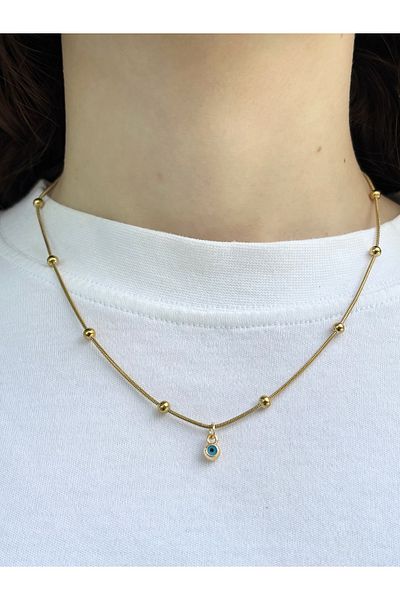 Eylülün Takısı Women's Gold Color Ball Chain Evil Eye Beaded Necklace