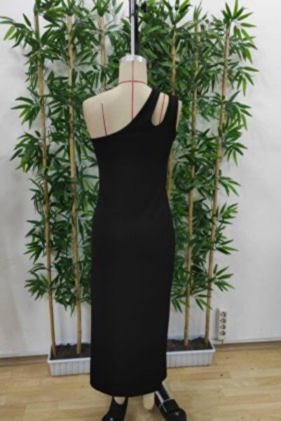 Mossta One Shoulder Slit Midi Crepe Dress - Black