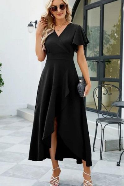 Mossta Double Breasted Collar Crepe Dress with Flywheel Detail - Black