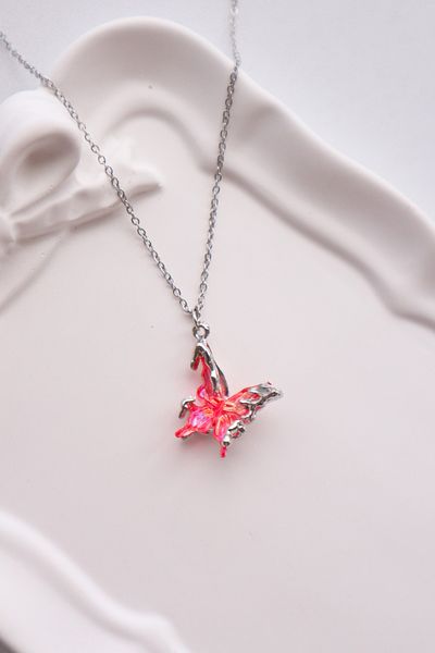 EFBUTİK Silver Color Chain Red Hologram Butterfly Imported Necklace