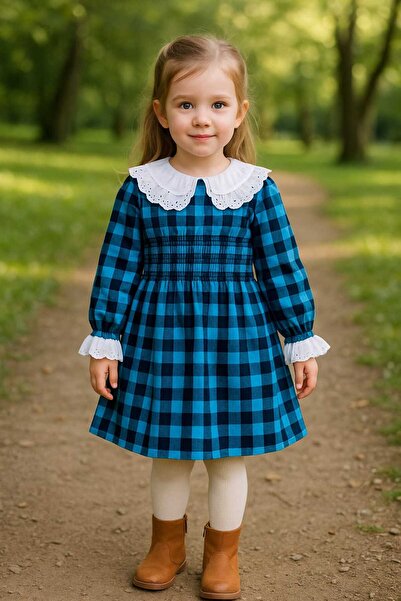 ALİSBUTİK kız çocuk kareli dantelli ekose elbise