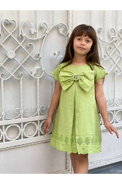 STYLENEST Girl's Crewneck Short Sleeve Bow Green Cotton Linen Dress