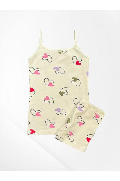 elmas kids Girl's 100% Cotton Ecru Color Heart Patterned Thin Strap Tank Top Boxer Set