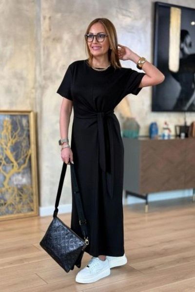 Mossta Short Sleeve Long Dress with Side Tie Detail - Black