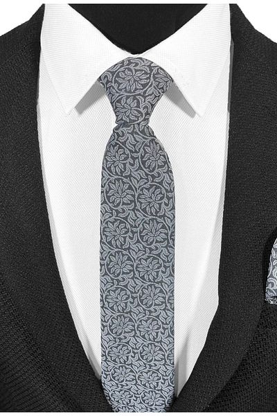 BLC Basic Line Co. Silver Gray Floral Patterned Tie and Pocket Square Set – 7 cm