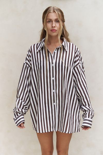 MAİ COLLECTİON Rosy Transparent Striped Brown Oversize Shirt