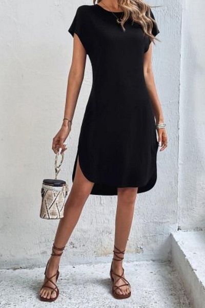 Mossta Short Sleeve Crew Neck Viscose Dress - Black