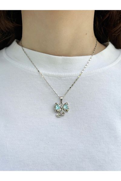 Eylülün Takısı Women's Silver Color Blue Stone Bow Necklace
