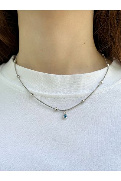 Eylülün Takısı Women's Silver Color Ball Chain Evil Eye Beaded Necklace