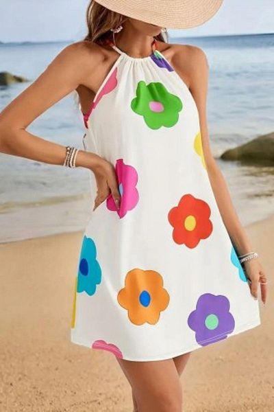 Mossta Floral Patterned Halter Neck Mini Single Jersey Dress - White