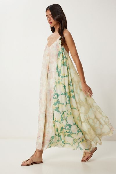 Lovelyİstanbul Rochie de vară din șifon cu imprimeu floral cu bretele VERDE GALBEN LNS0065