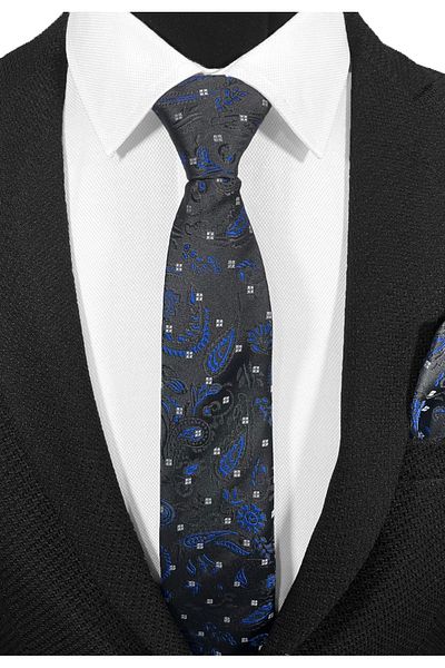 BLC Basic Line Co. Black Blue Paisley Patterned Tie and Pocket Square Set – 7 cm