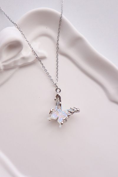 EFBUTİK Silver Color Chain Transparent Hologram Butterfly Imported Necklace